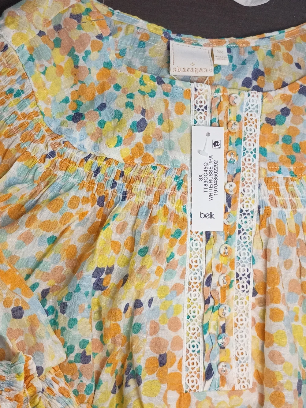 Sharagano White Blouse with Yellow, Teal & Blue Dot Print. MEW Women's 3X